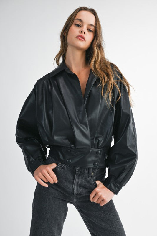 Laken Super Soft Collar Pleated Leather Bomber Jacket