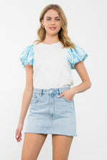 THML Mix Media Top with Light Blue Floral Puff Sleeve