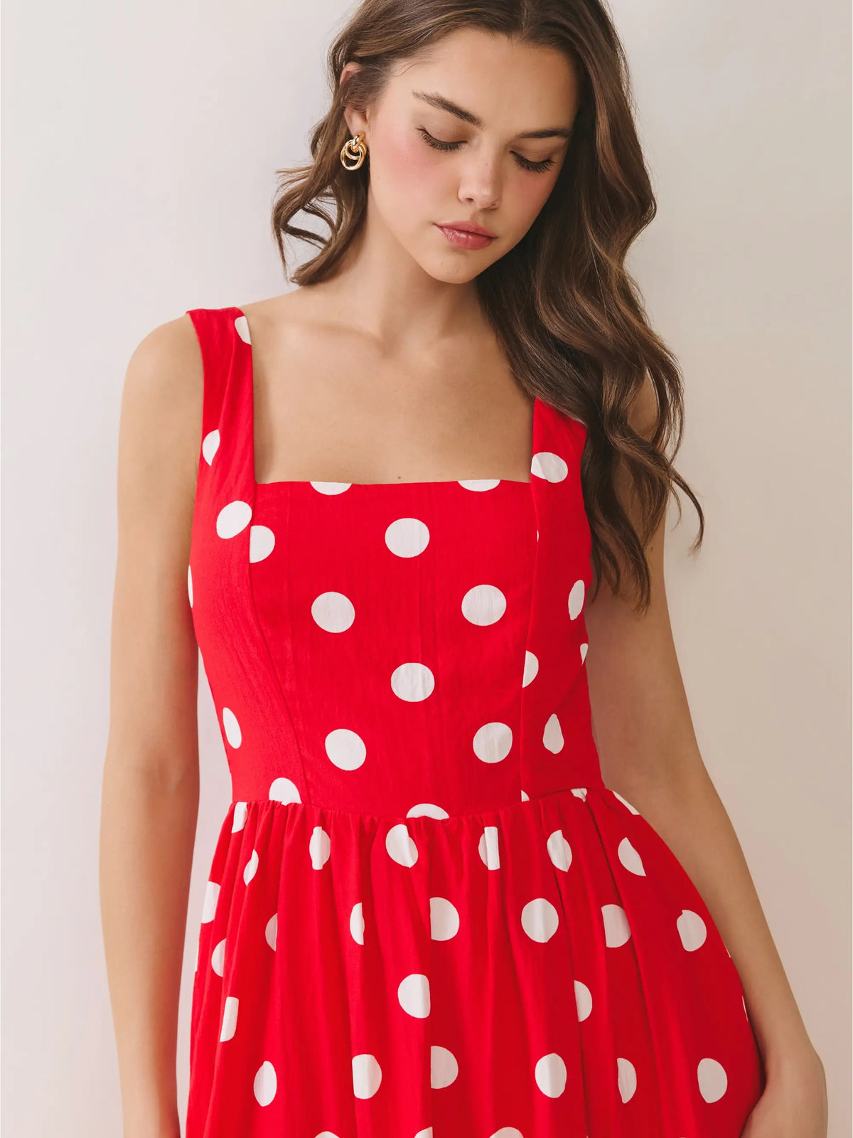 Vivian Red Polka Dot Square Neck Midi Dress