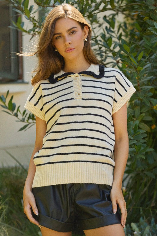 Striped Ruffle Collar Vest with Button Detail