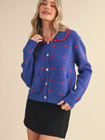 Doll Collar Heart Knit Sweater Cardigan- Red/ Blue
