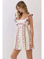 Flutter Ruffle Strap Baby Doll Mini Dress with Tie Back Detail - Maroon/Cream