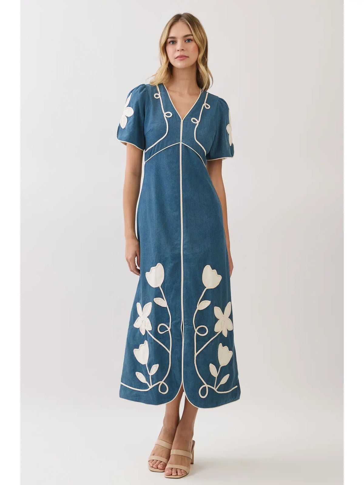 Jillian Floral Appliqué Contrast Trim Maxi Dress- Indigo