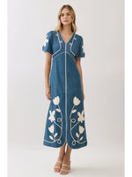 Jillian Floral Appliqué Contrast Trim Maxi Dress- Indigo