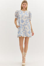 Marley Blue Floral Shift Mini Dress with Puff Sleeve Tie Detail