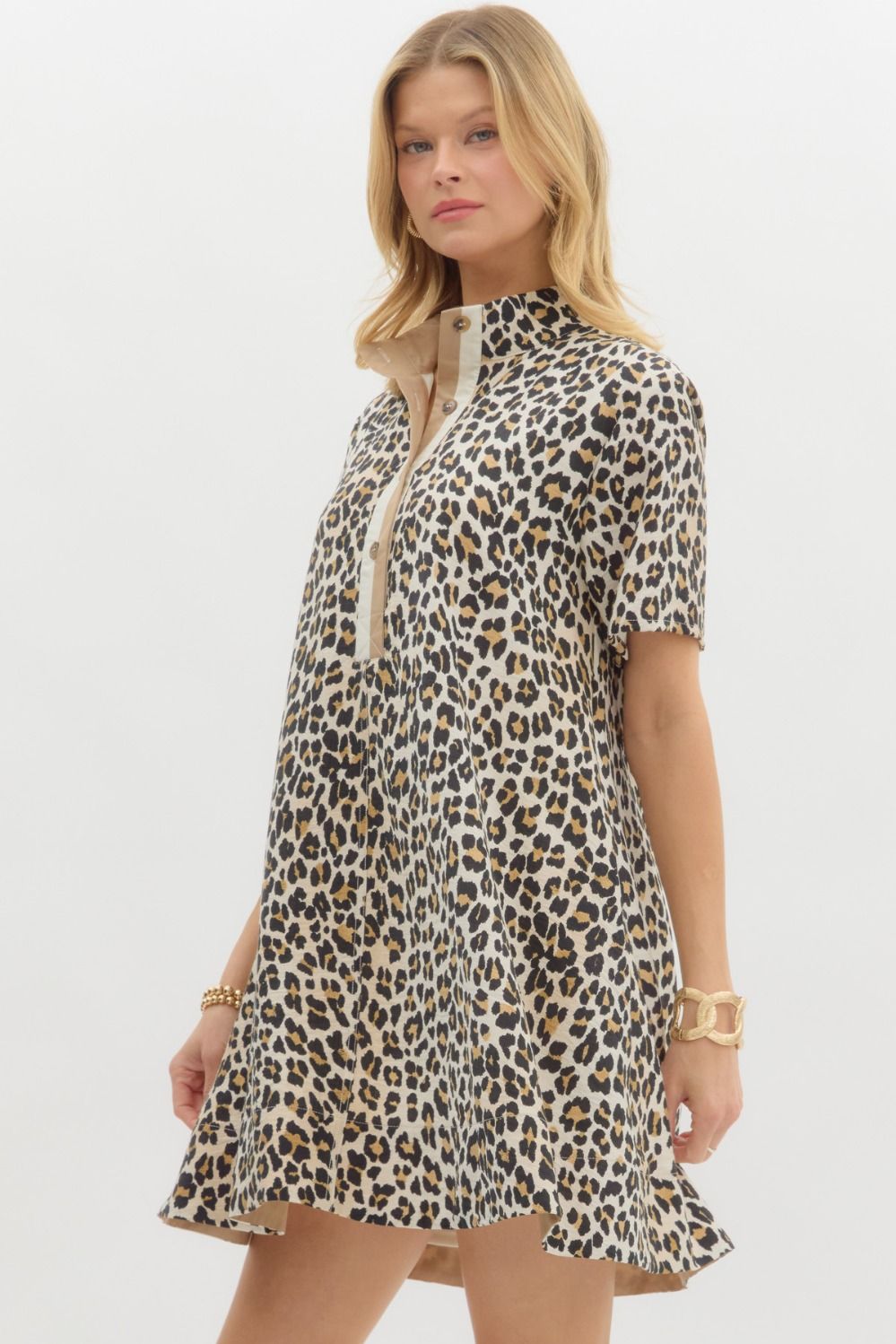 Leopard Pullover Mini Dress with Contrast Button Collar