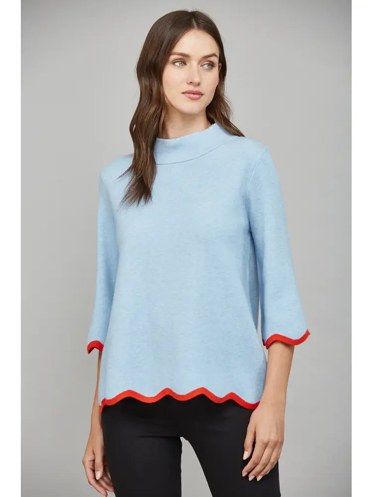 Ava Sky Blue Mock Neck Sweater with Tomato Red Scallop Trim by FATE