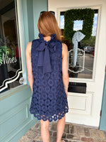 Navy Mock Ruffle Halter Tie Neck Lace Dress