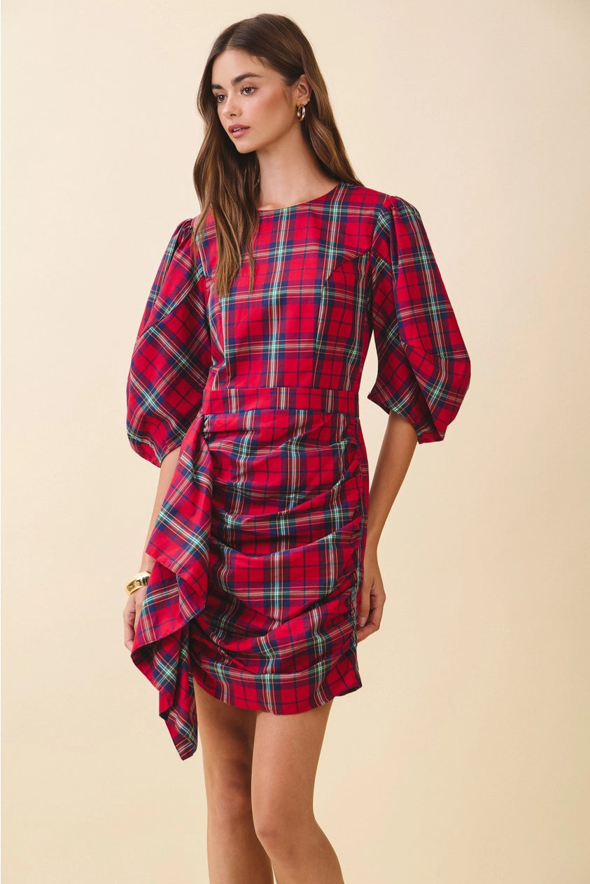 Plaid Puff Sleeve Cascading Ruffle Detail Mini Dress