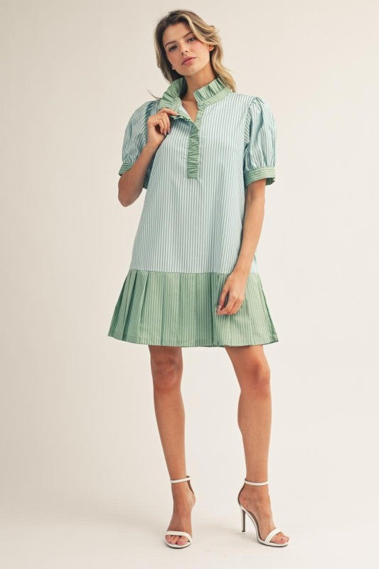 Aqua/Green Ruffle Neck Pleated Hem Mini Dress