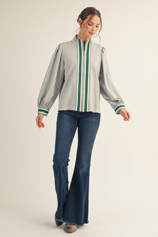 Color Rib Band Trim Zip Up Top-Heather Grey