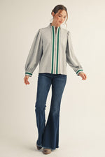 Color Rib Band Trim Zip Up Top-Heather Grey