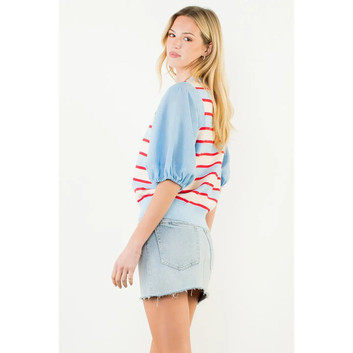 Preppy Puff Sleeve Stripe Knit Top by THML