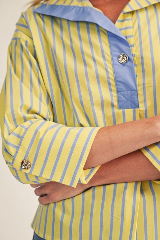 Lauren Striped Top with Gold Button Accent - Light Yellow/ Blue