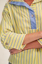 Lauren Striped Top with Gold Button Accent - Light Yellow/ Blue