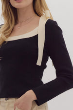 Black and Ivory Square Neck Top with Double Shoulder Bow Detail