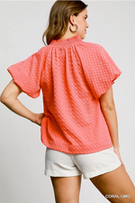 Coral Textured Puff Sleeve Top