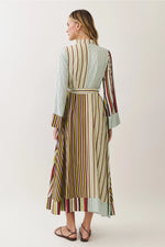 Sara Striped Tie Waist Button Down Maxi Dress- Burgundy/Olive