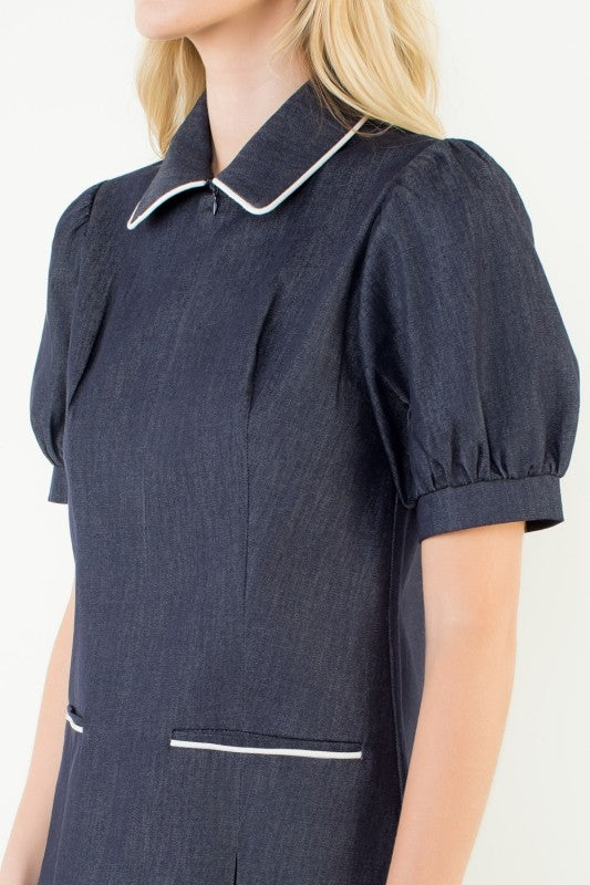 Puff Sleeve Collared Denim Dress by THML