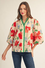 Jackie Ruffled Neckline Floral Button Down Top