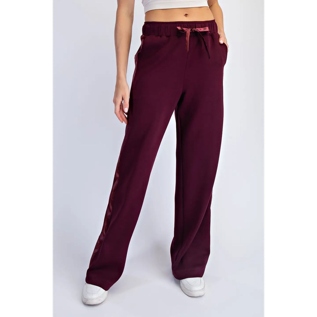 Rae Mode LUXE SATIN Crew Neck AND Straight Pant SET-Dark Cherry
