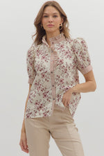 MAROON FLORAL BUTTON DOWN W/ STRIPE COLLAR DETAIL