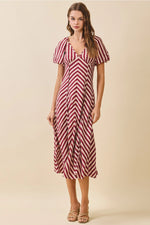 Chevron Striped Midi Dress- Burgundy