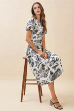 Black Toile Print Fitted Waist Puff Sleeves Midi