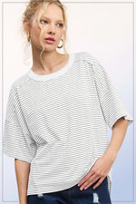 Basic Striped Drop Shoulder Short Sleeves Top** Light Gray or Blue