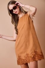 Sleeveless Suede Shift Dress with Lace Hem- Camel