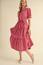 Venice Red Striped Button Down Midi Dress with Tie Waist