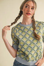 Light Blue/Sage Floral Pattern Short Sleeve Sweater