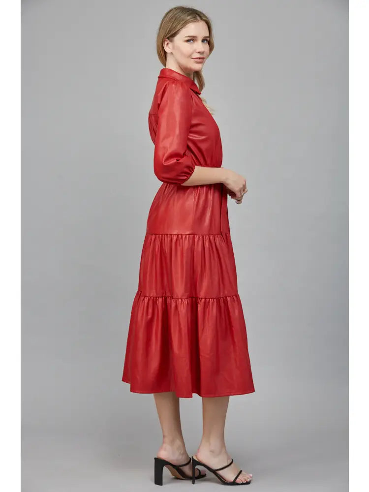 RED FAUX LEATHER TIERED MIDI DRESS by FATE