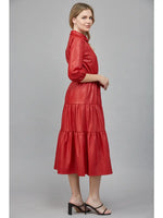 RED FAUX LEATHER TIERED MIDI DRESS by FATE
