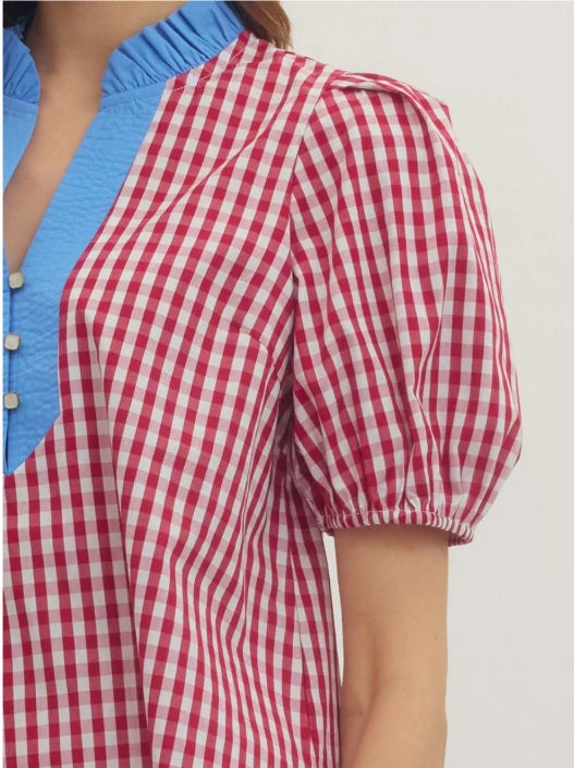 Marian Red Gingham Top With Blue Contrast Collar