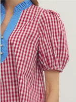 Marian Red Gingham Top With Blue Contrast Collar