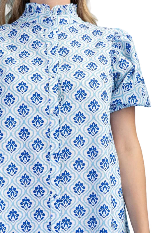 Cobalt Blues Ruffle Collar Button Down Midi