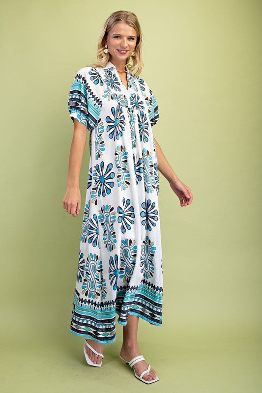 Sky Mix Printed Smocked Yoke Midi Dress