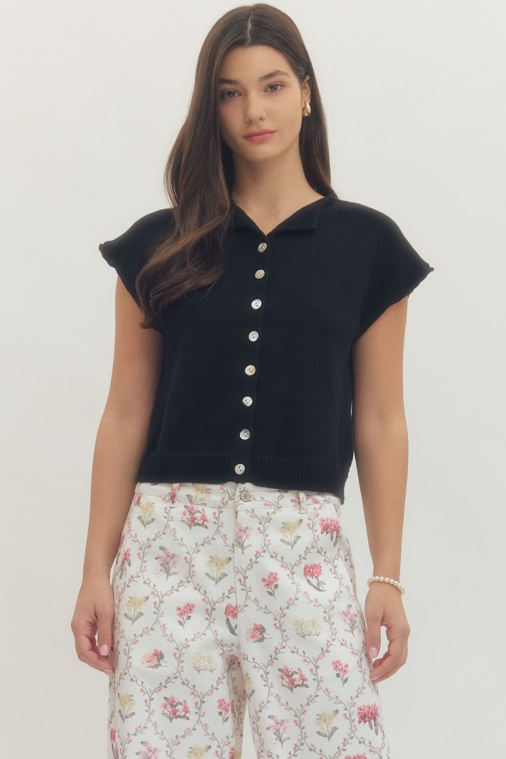 Naomi Button Down Knit Top- Black
