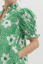 Green Floral Puff Sleeve Mini Dress