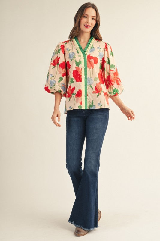 Jackie Ruffled Neckline Floral Button Down Top
