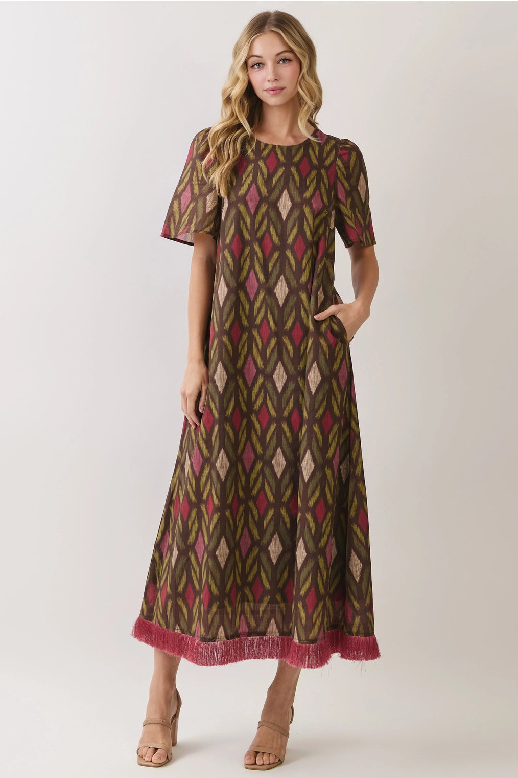Vivian Geo Diamond Print Maxi with Fringe Hem Detail