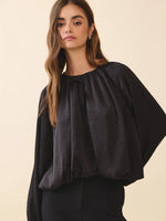 Zayba Printed Satin Relaxed Fit Bubble Hem Blouse- Black