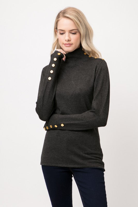 MOCK NECK GOLD BUTTON DETAIL KNIT TOP- AVAILABLE IN -Royal, Cream, Hunter , Gray, Charcoal, Burgundy, Black, Taupe S-XL