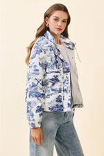 Navy Vintage Print Zip Snap Button Puffer Jacket