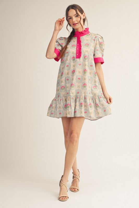 Fuschia Pink Contrast Boho Ruffle Collar Mini Dress