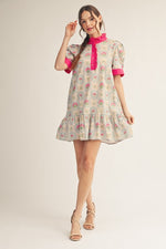 Fuschia Pink Contrast Boho Ruffle Collar Mini Dress