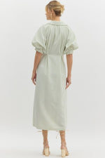 Light Green Textured Stripe Elbow Length Button Down Midi with Side Pockets-