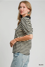 Black and Cream Stripe Polo Top with Puff Shoulder