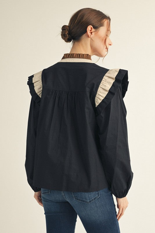 Ruffle Shoulder Accent Color Block Top
